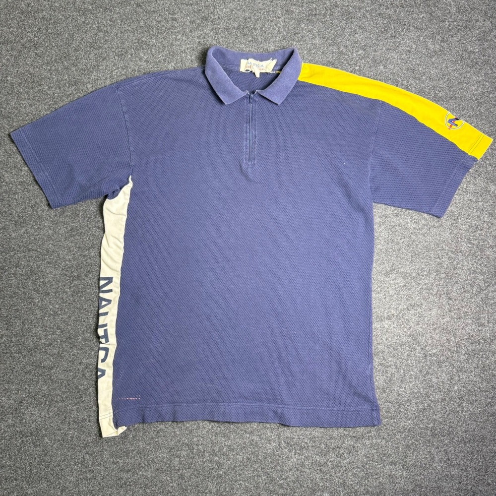 Vintage Nautica Competition Polo Shirt Mens L Blue Yellow Zip Blockcore mesh